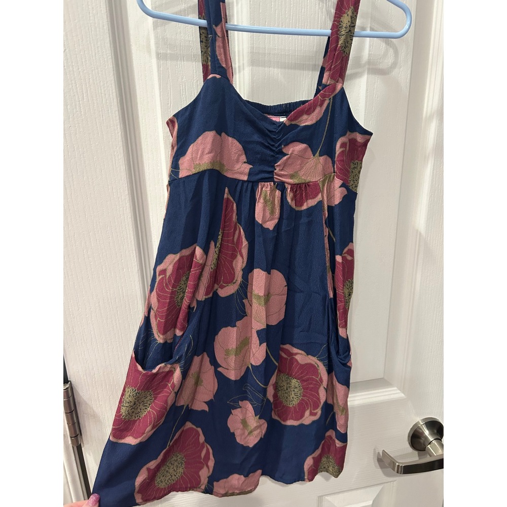 Cinnamon Girls Floral Sundress‎ Navy Pink Poppy Smocked Back Pockets 7/8 k2028